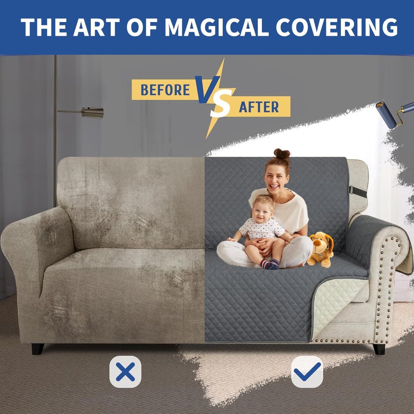 Couch Covers for 3 Cushion with Pockets and Non Slip Straps Water Resistant Sofa Slipcovers for Living Room Soft Thick Furniture Protector for Pets Dogs Kids (Large, Dark Gray)