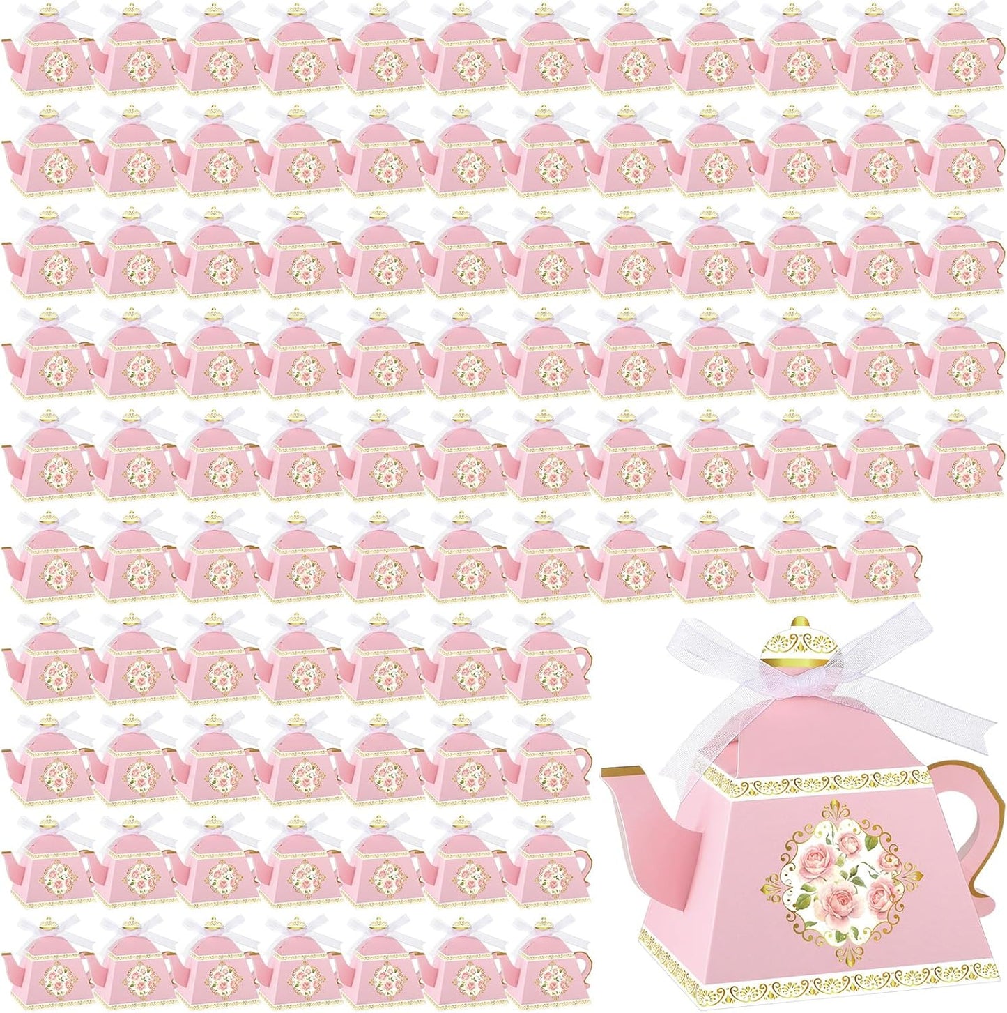 100 Pcs Teapot Candy Box Floral Flower Tea Party Favor Gift Box Candy Boxes for Tea Garden Wedding Favors Bridal Showers Brunches Birthdays Decorations(Pink)