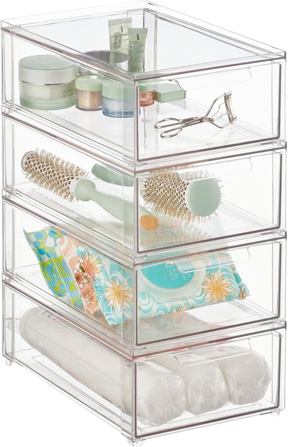 Plastic Stackable Bathroom Storage Organizer Bin with Pull Out Drawer for Cabinet, Vanity, Shelf, Cupboard, Cabinet, or Closet Organization - Lumiere Collection - 4 Pack - Clear