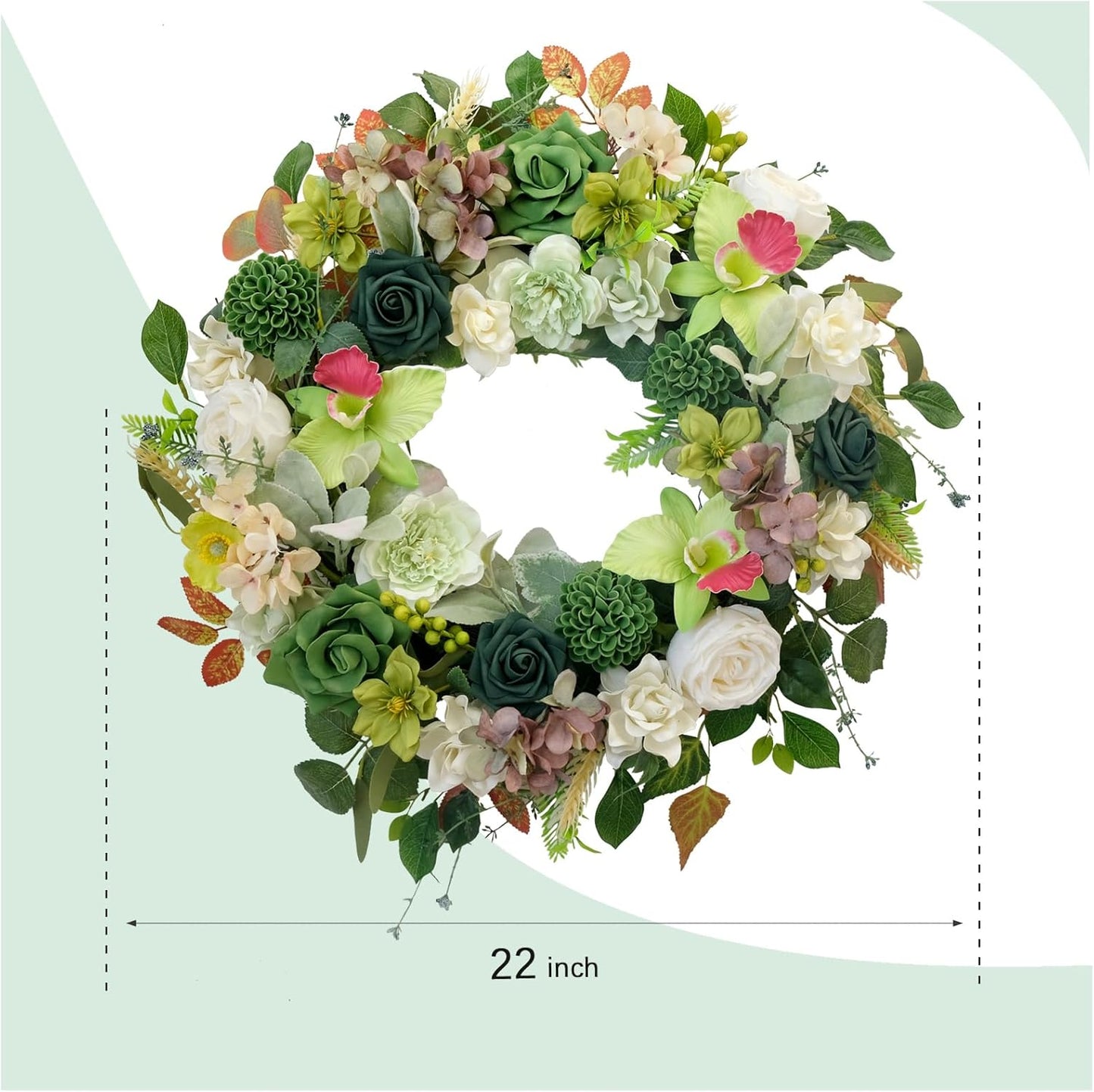 22 Inch Green Orchid Spring Everyday Wreath for Front Door, Indoor Outdoor, Rustic Farmhouse Style, Artificial Flowers and Foliage