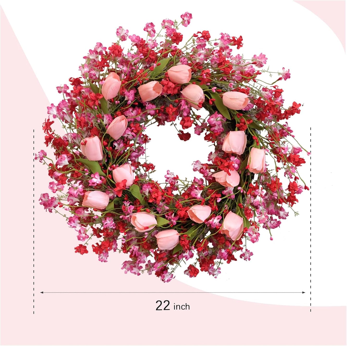 Valentine Day Pink Tulip Wreath, Pink Red Forsythia Berries, Artificial Flower Wreath for Front Door, Indoor Outdoor, Anniversary Wedding Decor