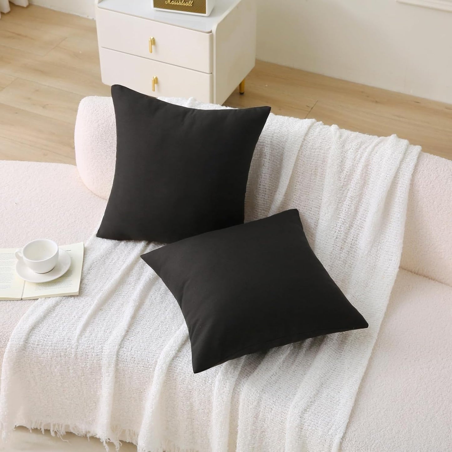 18" x 18" Throw Pillows, Outdoor Waterproof Pillows with Inserts, Square Decorative Pillows for Patio Furniture Garden Couch Sofa Home(Black, Set of 2)