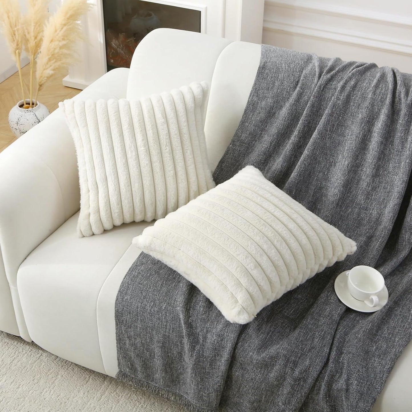Decorative Throw Pillow with Inserts, Set of 2 Soft Faux Fur Throw Pillows, Square Boho Striped Pillow for Couch, Bed, Sofa Decor(Beige, 18" x 18")