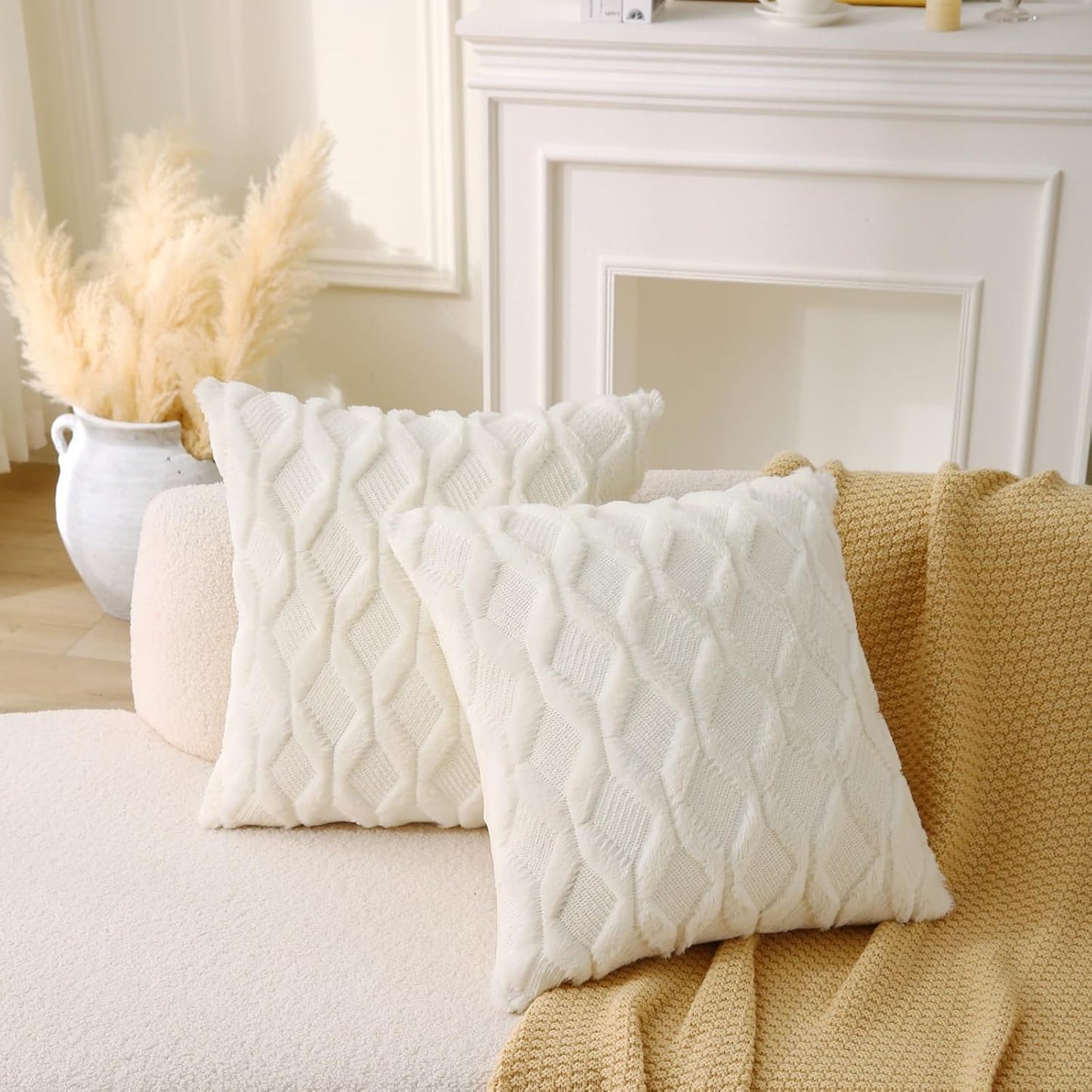 18" x 18" Decorative Throw Pillow with Inserts, Set of 2 Soft Faux Fur Throw Pillows, Square Boho Pillow for Couch, Bed, Sofa Decor, Beige