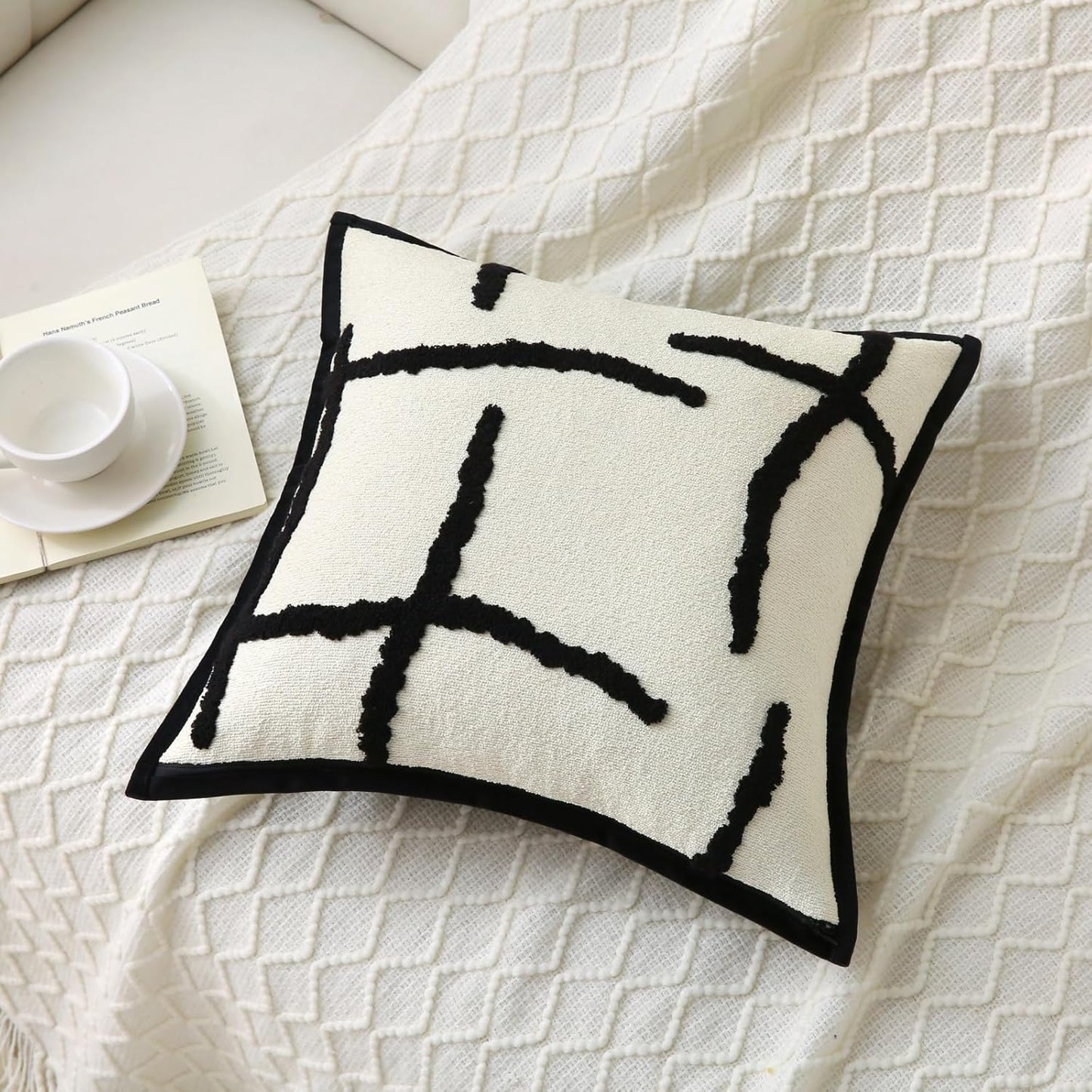 Boho Decorative Throw Pillows with Inserts, 18" x 18" Soft Tufted Modern Chenille Pillow, Pillows for Home, Patio, Couch, Bedroom, Living Room (Black Lines - Cream White Background)