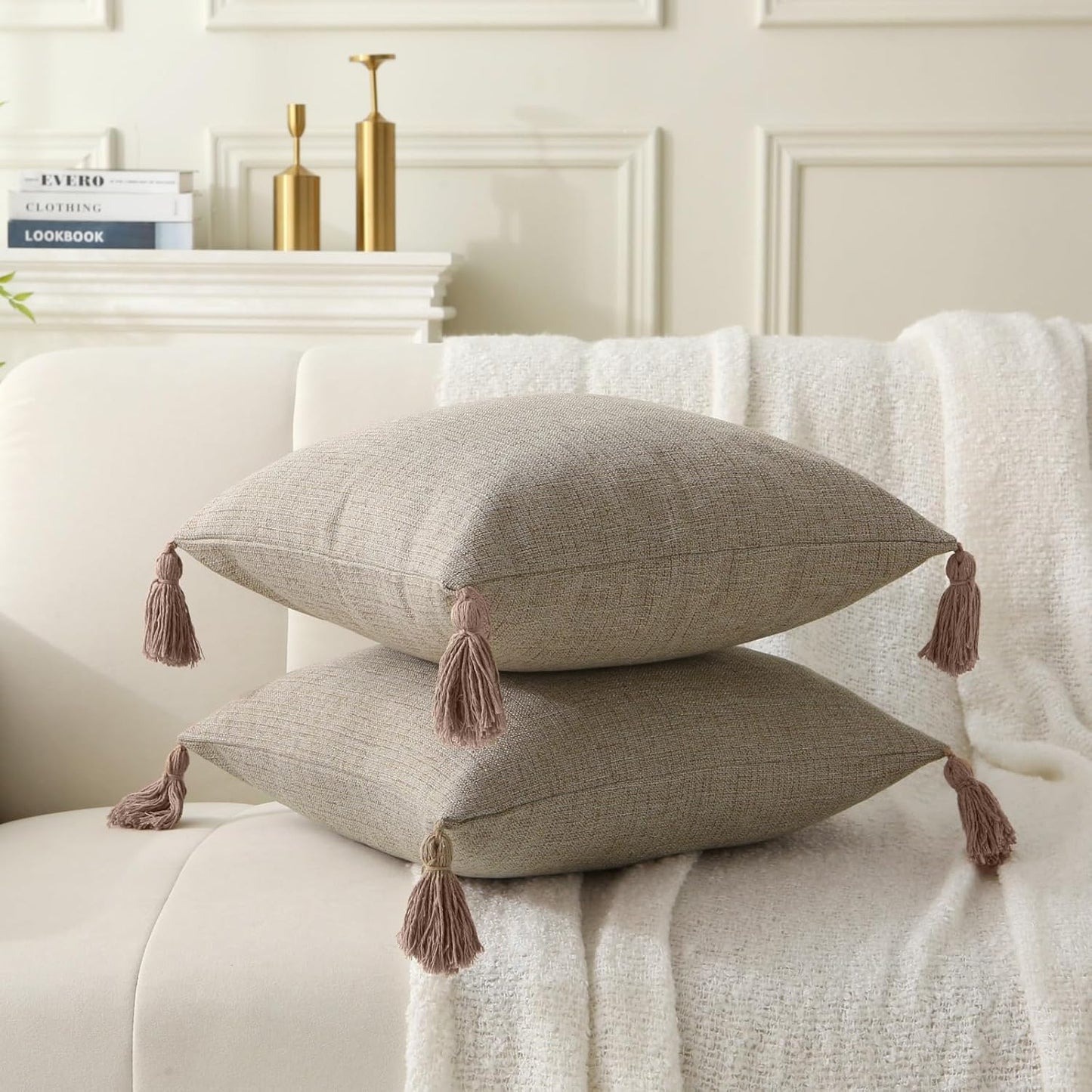 18" x 18" Decorative Throw Pillow with Inserts, Set of 2 Farmhouse Neutral Couch Throw Pillows with Tassels, Square Boho Pillow for Couch, Bed, Sofa Decor (Khaki, 18" x 18"(Pack of 2))