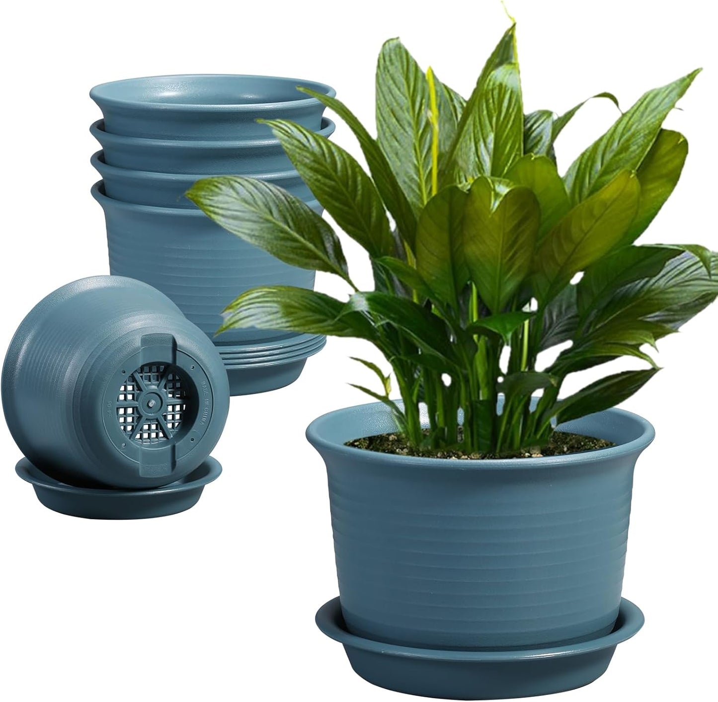 6 Pack Flower Pots for Indoor Plants, Plant with Drainage Hole and Tray Saucer, 7" Pot, inch Planters Plants(Bluish Gray) Bluish Gray 7inch