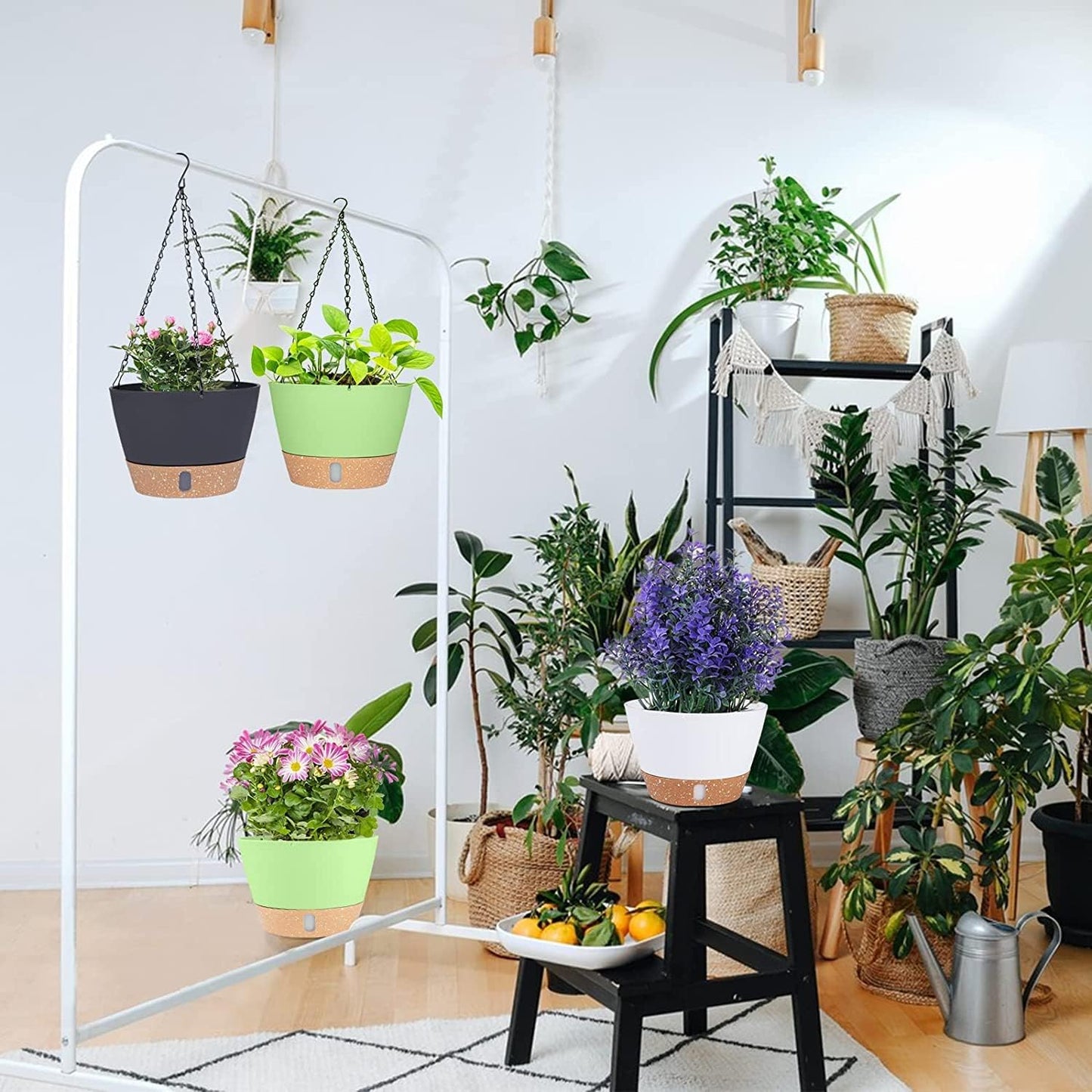 Petluno Hanging Lamps, set of 3, diameter 25 cm, flowers, hanging pot, plastic flower pots for outdoor use with outdoor saucer, garden decoration, balcony, living room (3 colours)