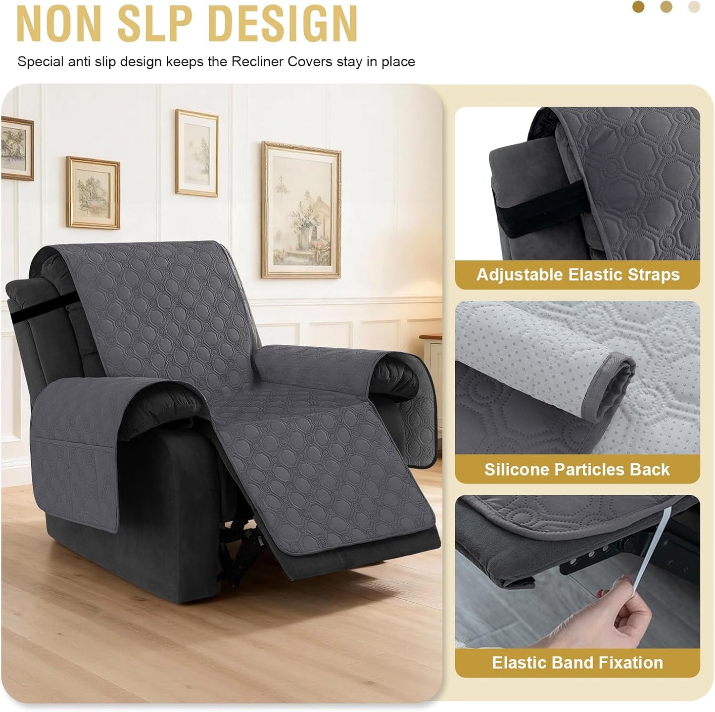 100% Waterproof Recliner Chair Covers, Covers Non-Slip Stay in Place, Thick Cover for with Pocket, Dog Couch Protector Washable(Grey, 23") Gray 23"