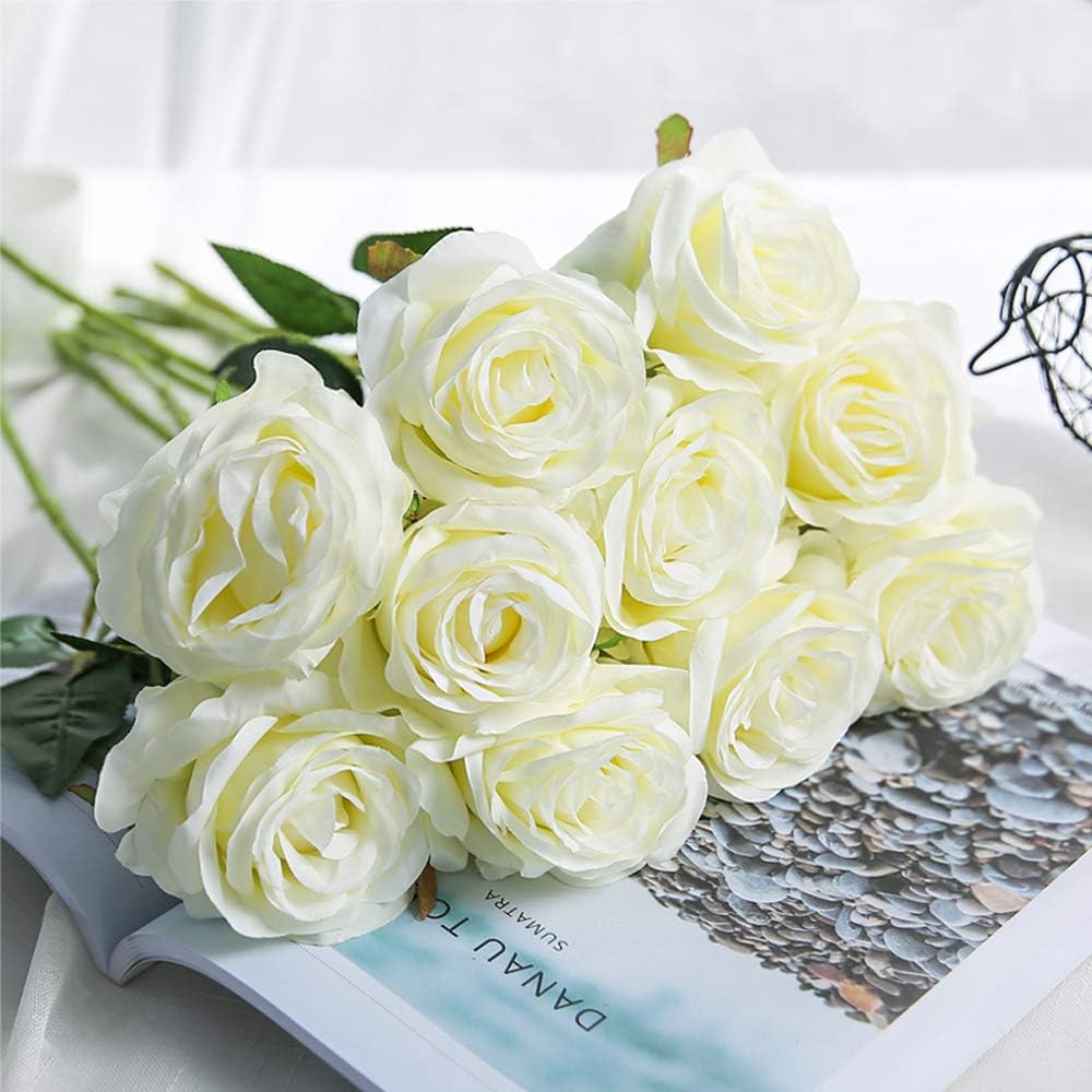 Artificial Flowers - 12 pieces - Rayon Flowers - Realistic Rose Bouquet - Long Stems - Suitable for Home - Wedding - Party - Decoration - White