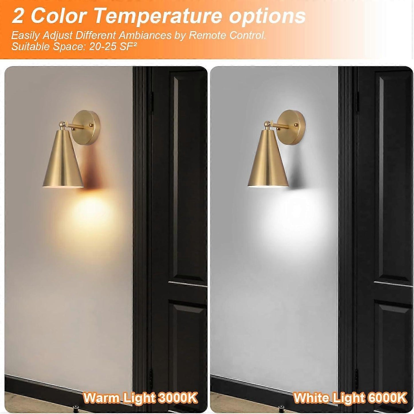 Modern Gold Battery Operated Wall Sconces Set of 2, Remote Dimming, Dual Color, Adjustable
