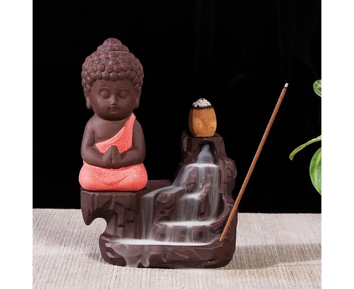 Porcelain Clay Little Buddha Censer Backflow Incense Burner Holder Ornament-Blue