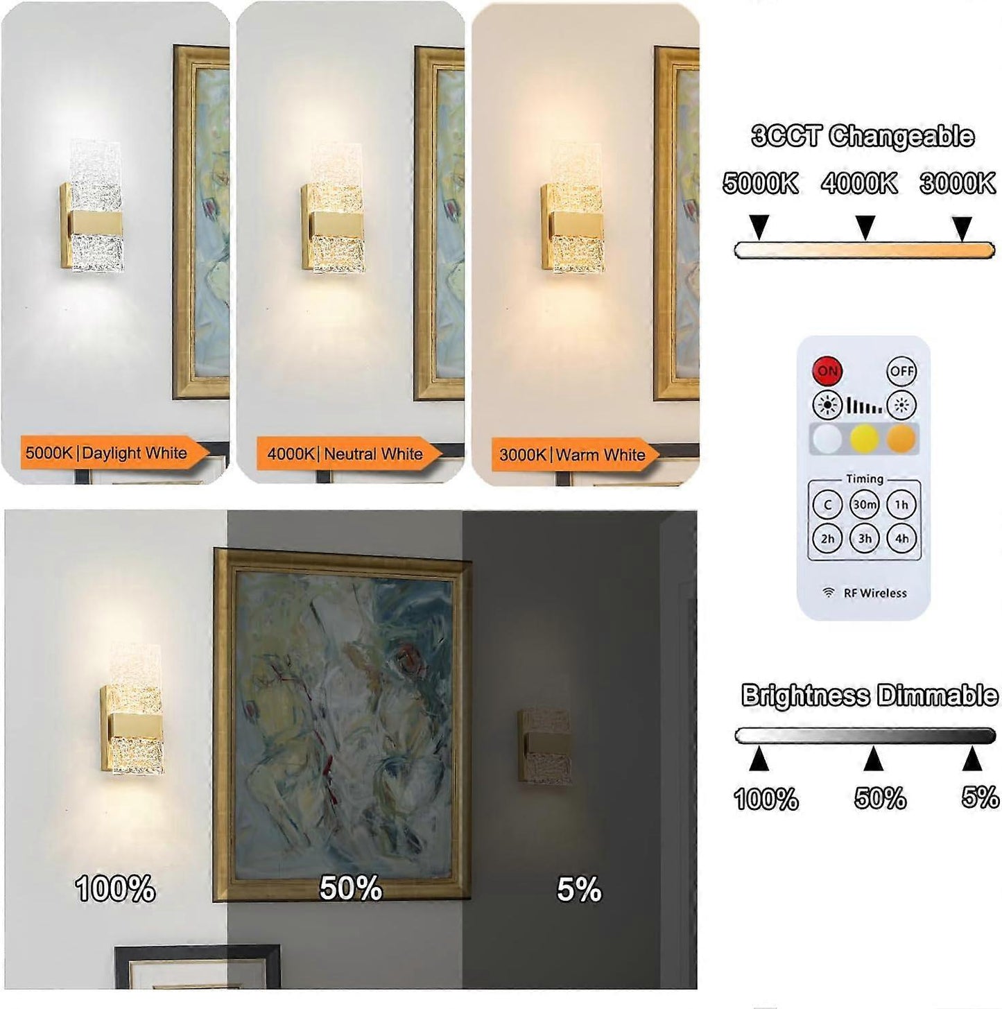 Battery Operated Wall Sconces Set of 2, Rechargeable LED Brass Gold Lights, Remote