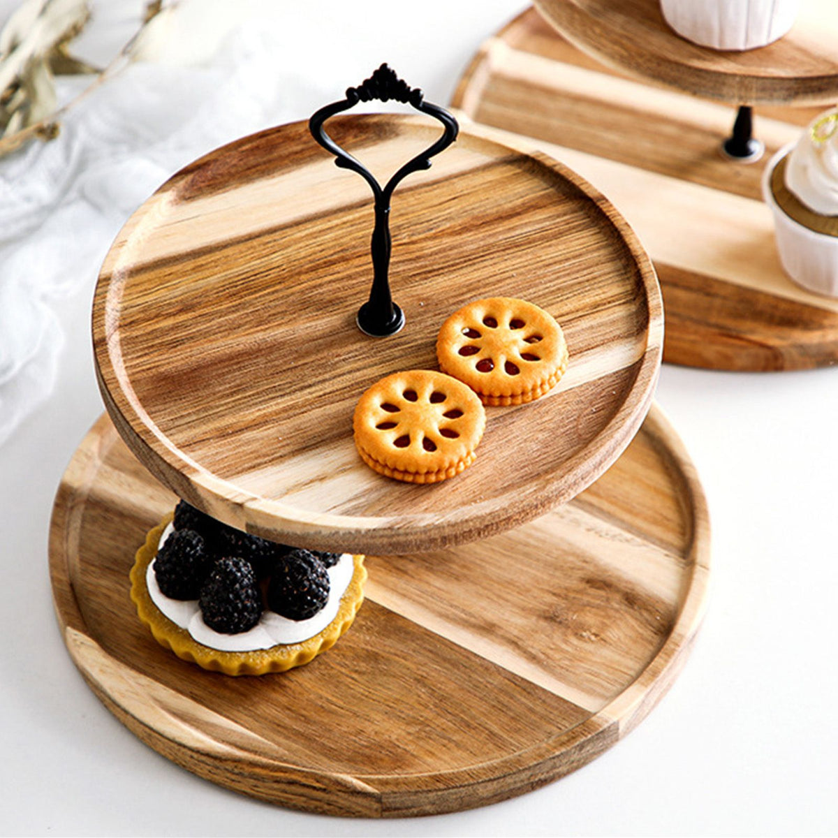 Wood Dessert Stand Rack Environmental Simple Vintage Wooden Dessert Display Tray Stand for Dessert Fruit Cake Snack Black Crown 2 Layers, Large
