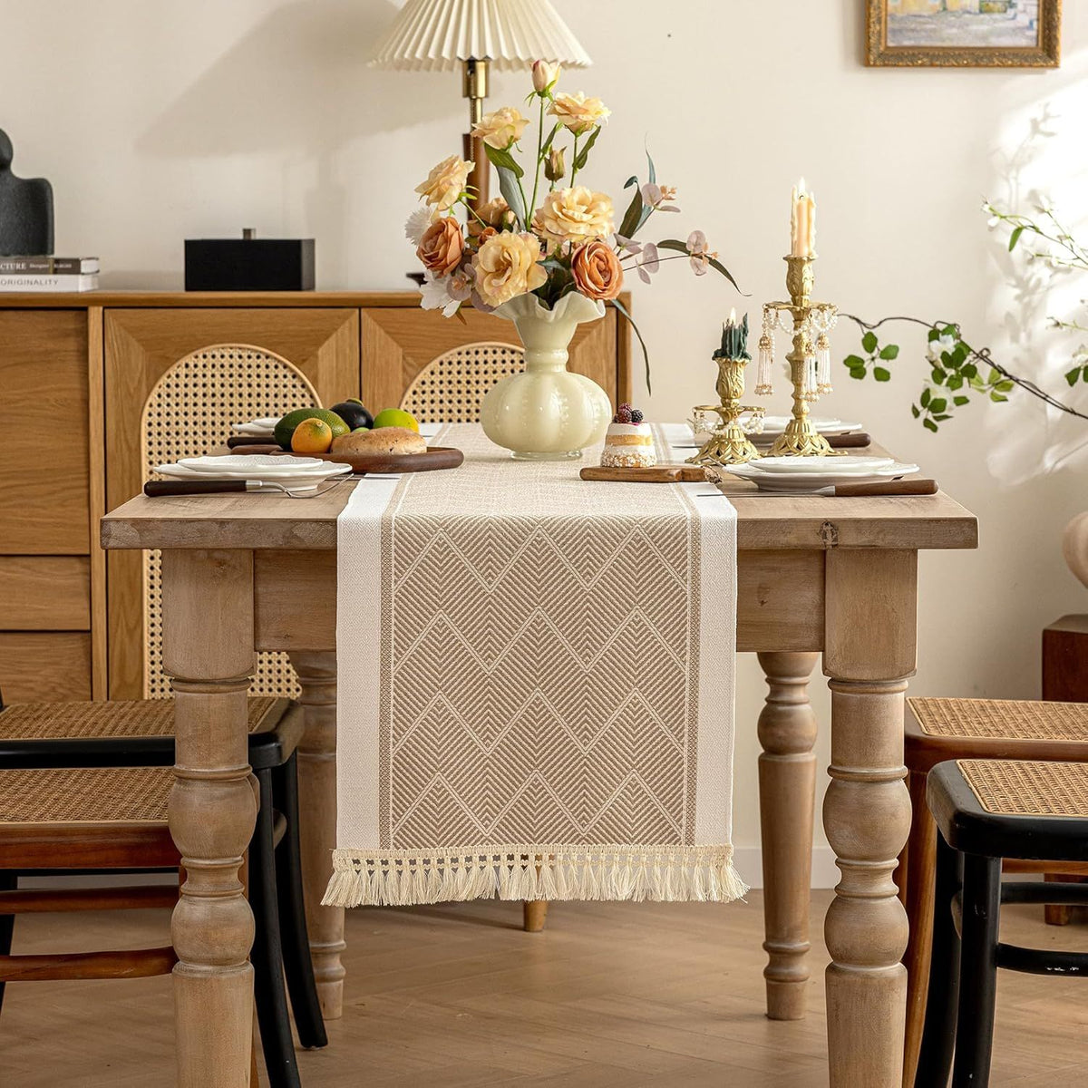 Linen-Like Farmhouse Rustic Polyester Table Runner Tassel Edges for Kitchen, Dining Table, Coffee Table, Holiday Parties, Party Decor(khaki 35*180cm)
