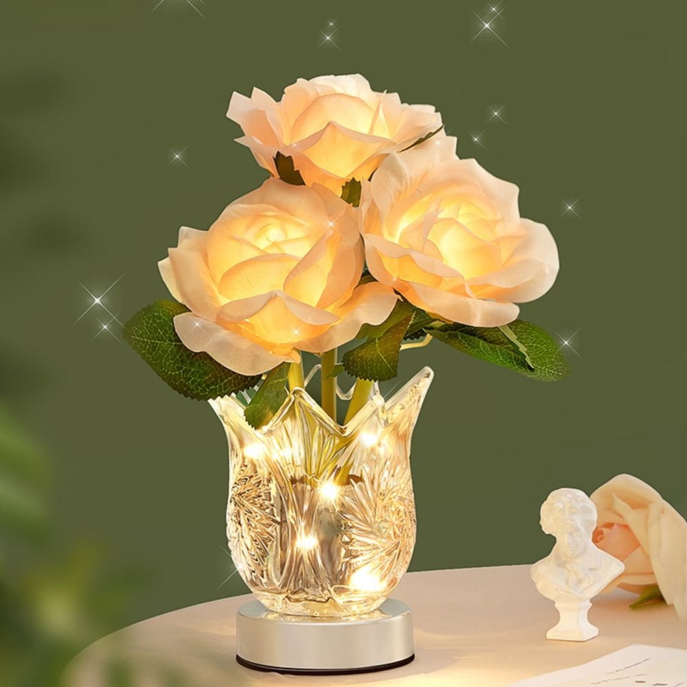 Rose Table Lamp with Glass Vase | Battery Operated LED Artificial Flower Lamp for Bedroom | Romantic Birthday Gift for Her | 1 Piece