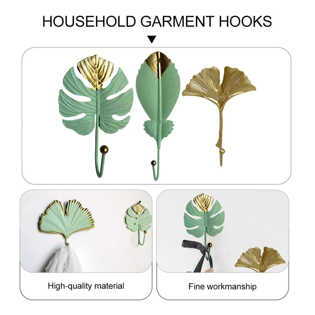 3 Pcs Wall Hanging Hook Wrought Iron Tropical Hawaii Leaf Shaped Hooks Hanger Punch Free Hat Towel Clothing Hook for Home