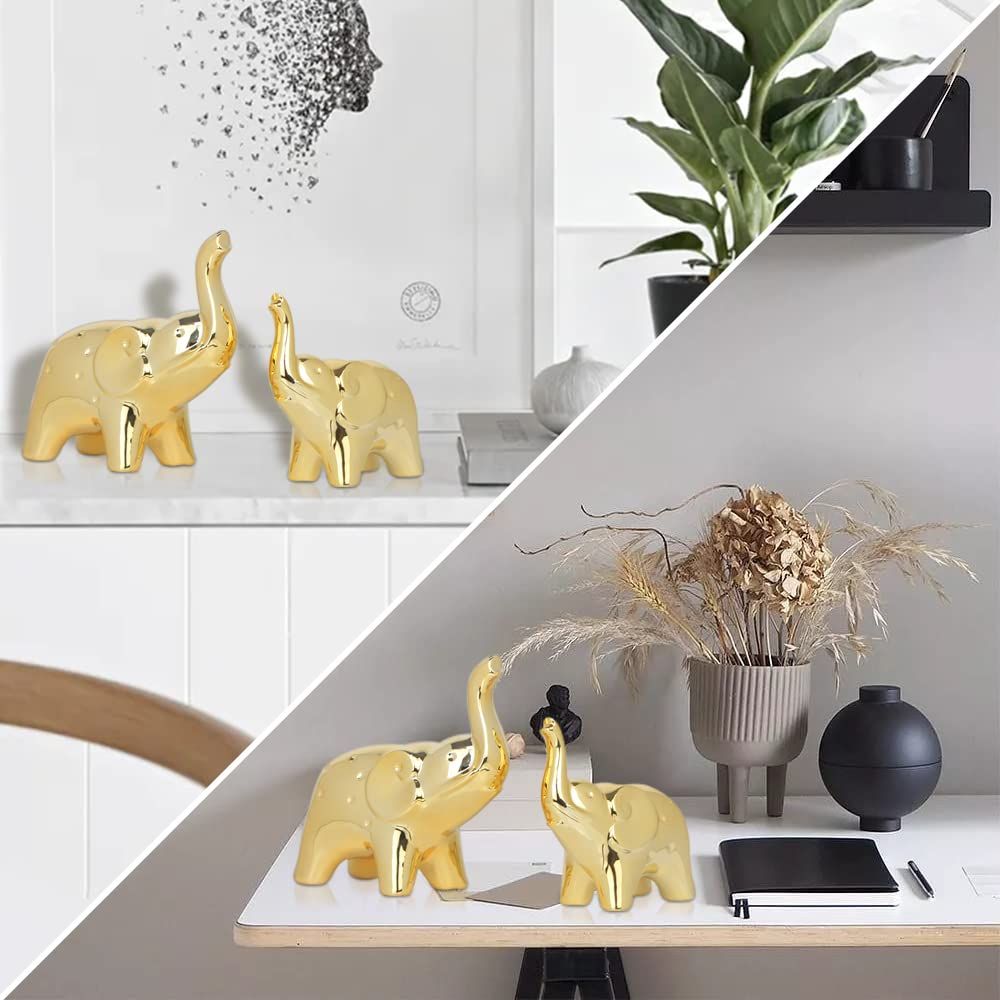 A Pair Elephant Statue Home Decor,Modern Style Figurines,Sculpture for Office Desktop Bookshelf Living Room (Ceramics Gold)
