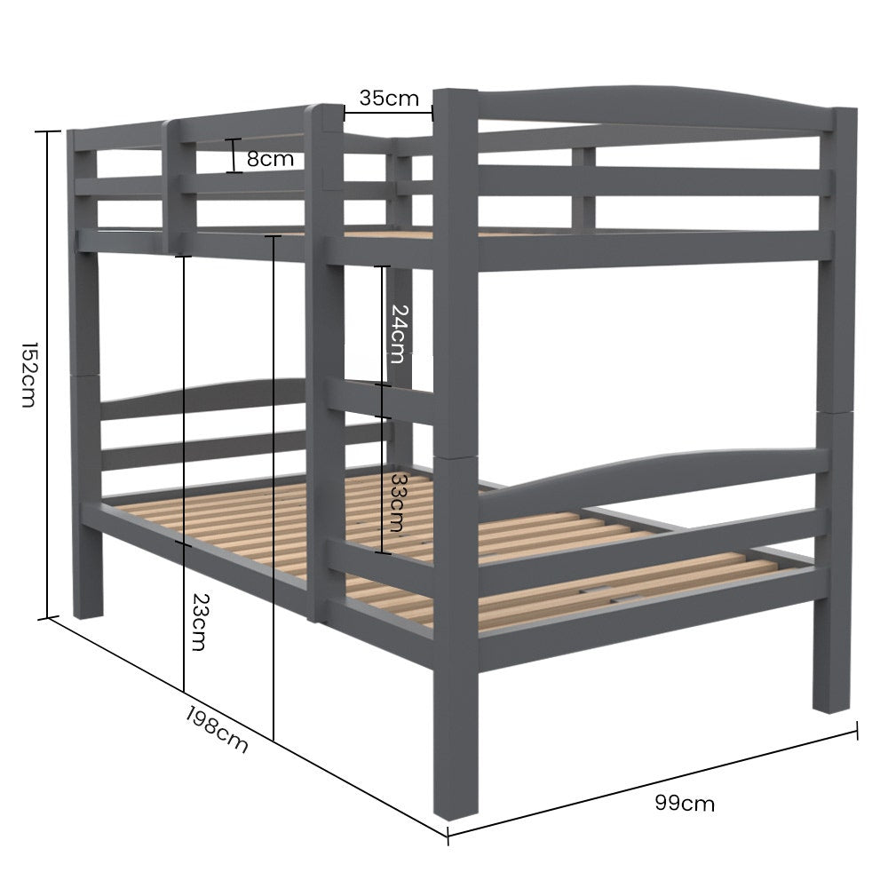 KINGSTON SLUMBER Single Bunk Bed Frame, Solid Pine 2-in-1 Modular Design, Converts to 2 Single Beds, For Kids, Grey