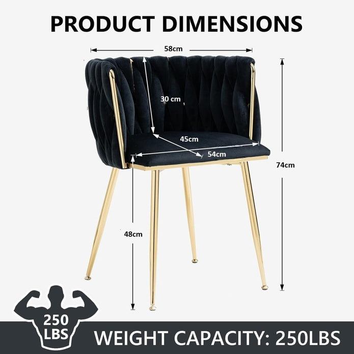 SERENITÃ Black Modern Hand Weaving Dining Chairs,Velvet Upholstered Side Chairs with Gold Legs, Chic Vanity Chairs with Armrest, Accent Chair for Dining Room, and Cafe Set of 2