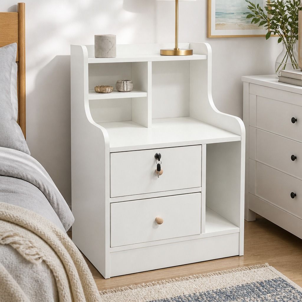 HYGGO White Nightstand Drawer Shelf Storage Tray Wooden Knob Bedside Table Minimalist