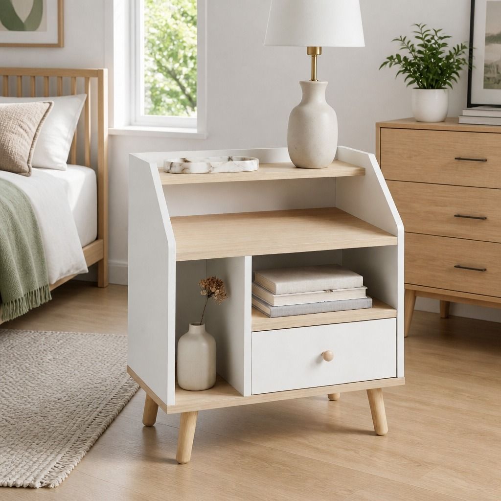 HYGGO Bedside Table Drawer Nightstand Wooden Legs Open Shelves Side Compartment White