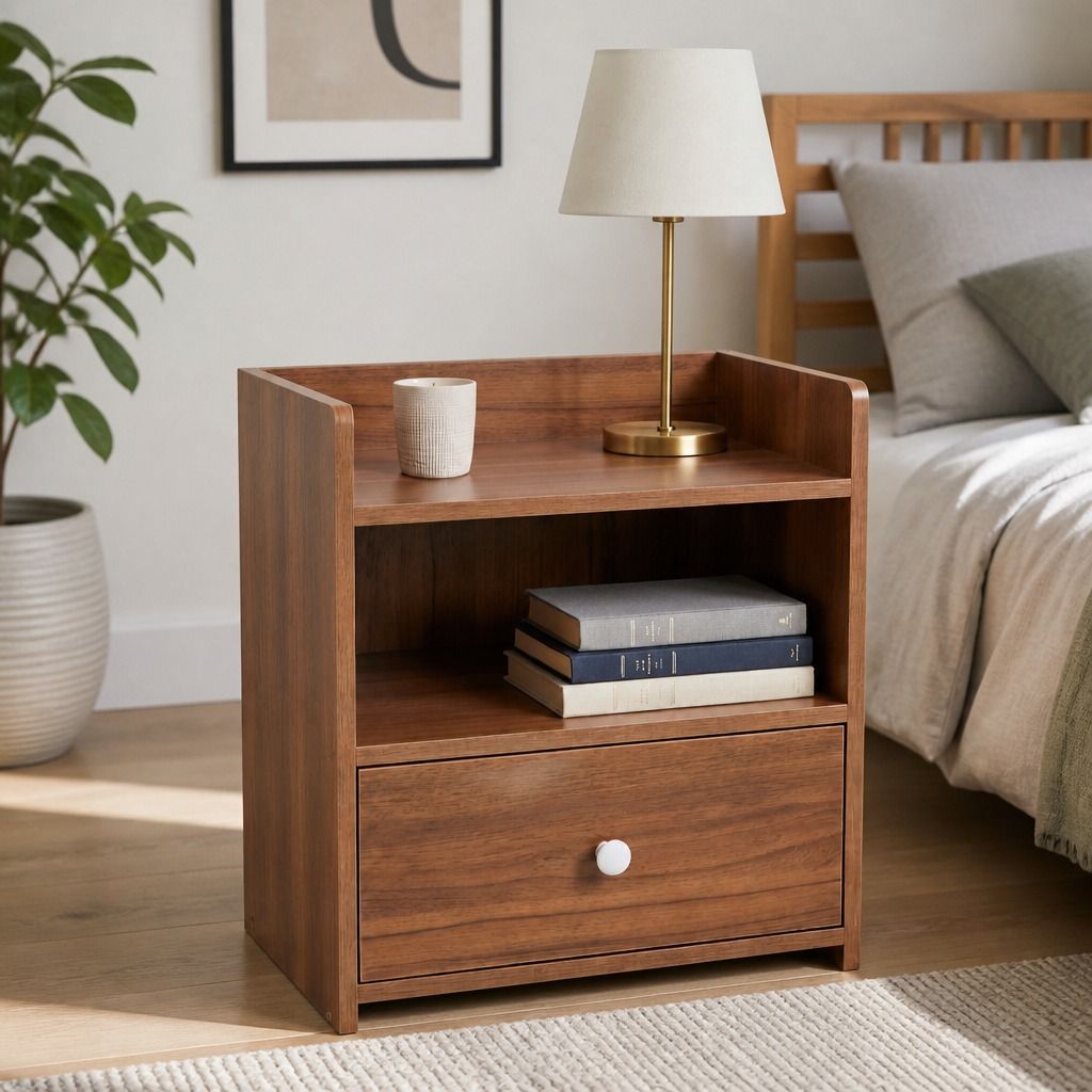 HYGGO Vintage Bedside Table Walnut Nightstand Drawer Open Shelf White Knob 48cm
