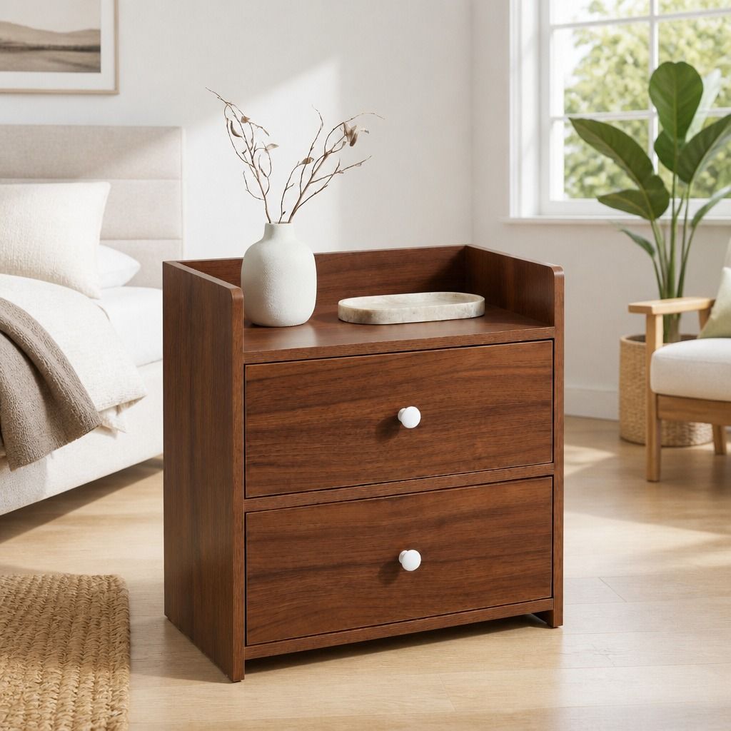 HYGGO Bedside Table Nightstand Walnut Wood Grain Double Drawer Tray Top White Handles