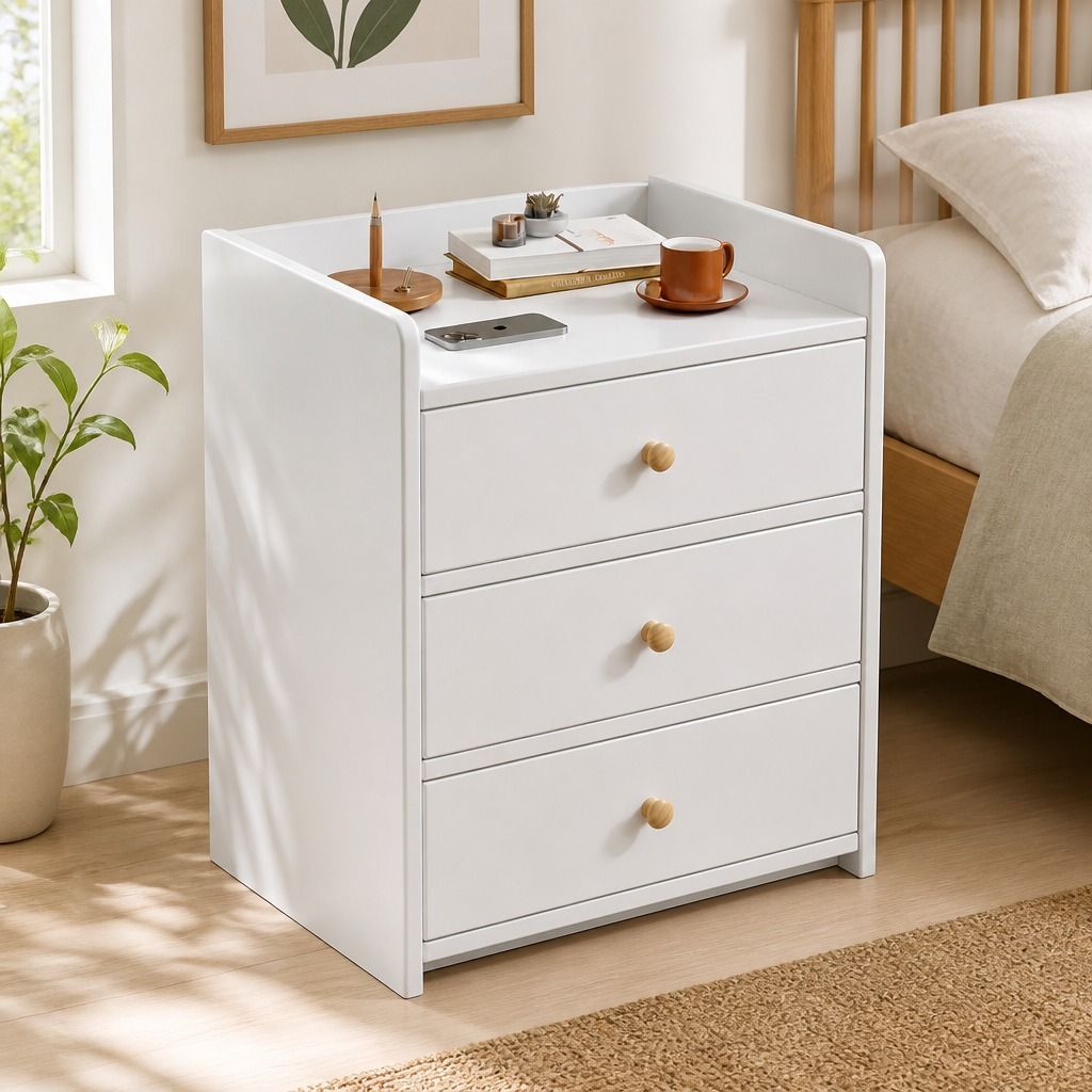 HYGGO White Minimalist Nightstand Bedside Table Triple Drawer Wooden Handles Tray
