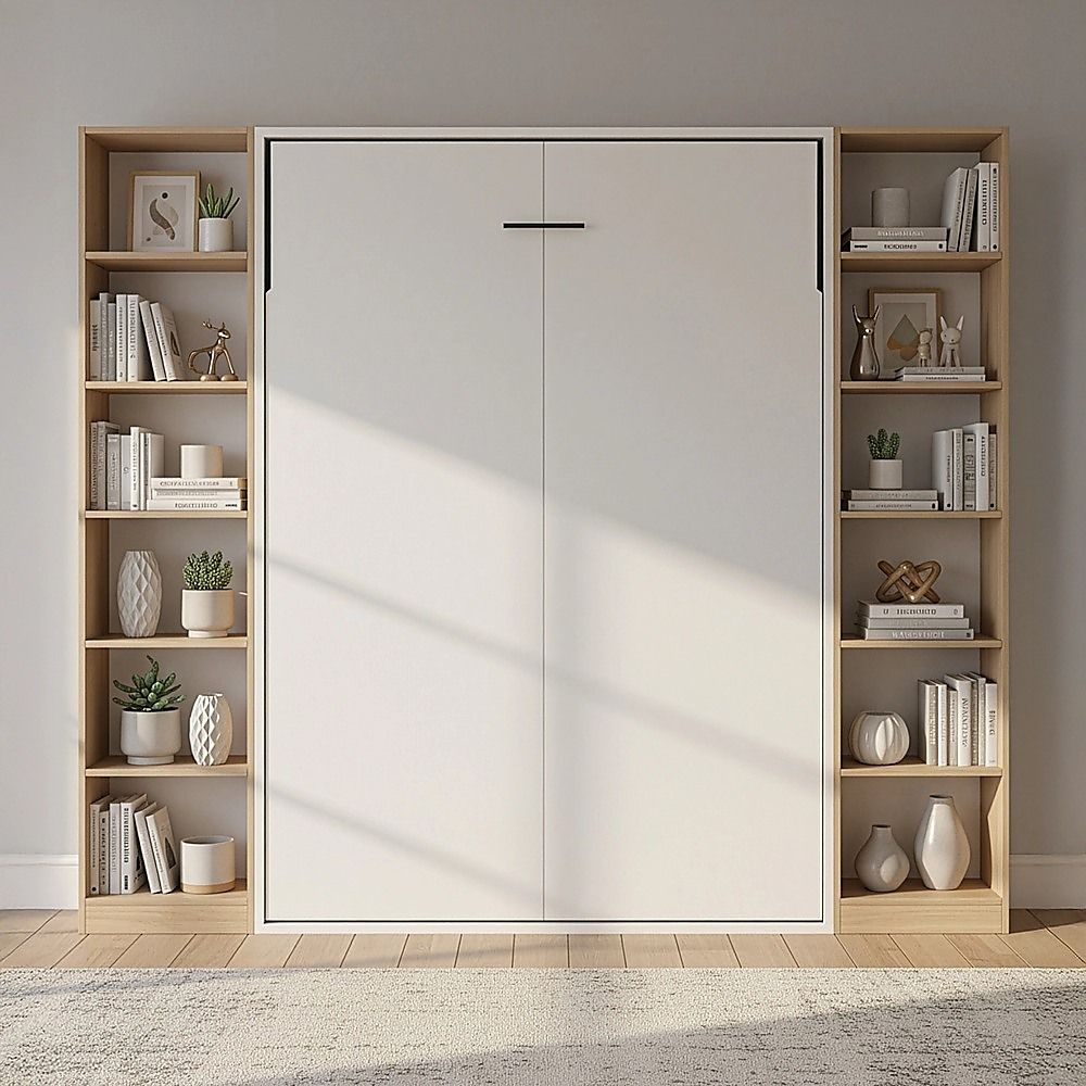Double Wall Bed in White – Space Saving Murphy Bed Kit with Gold Door Handle