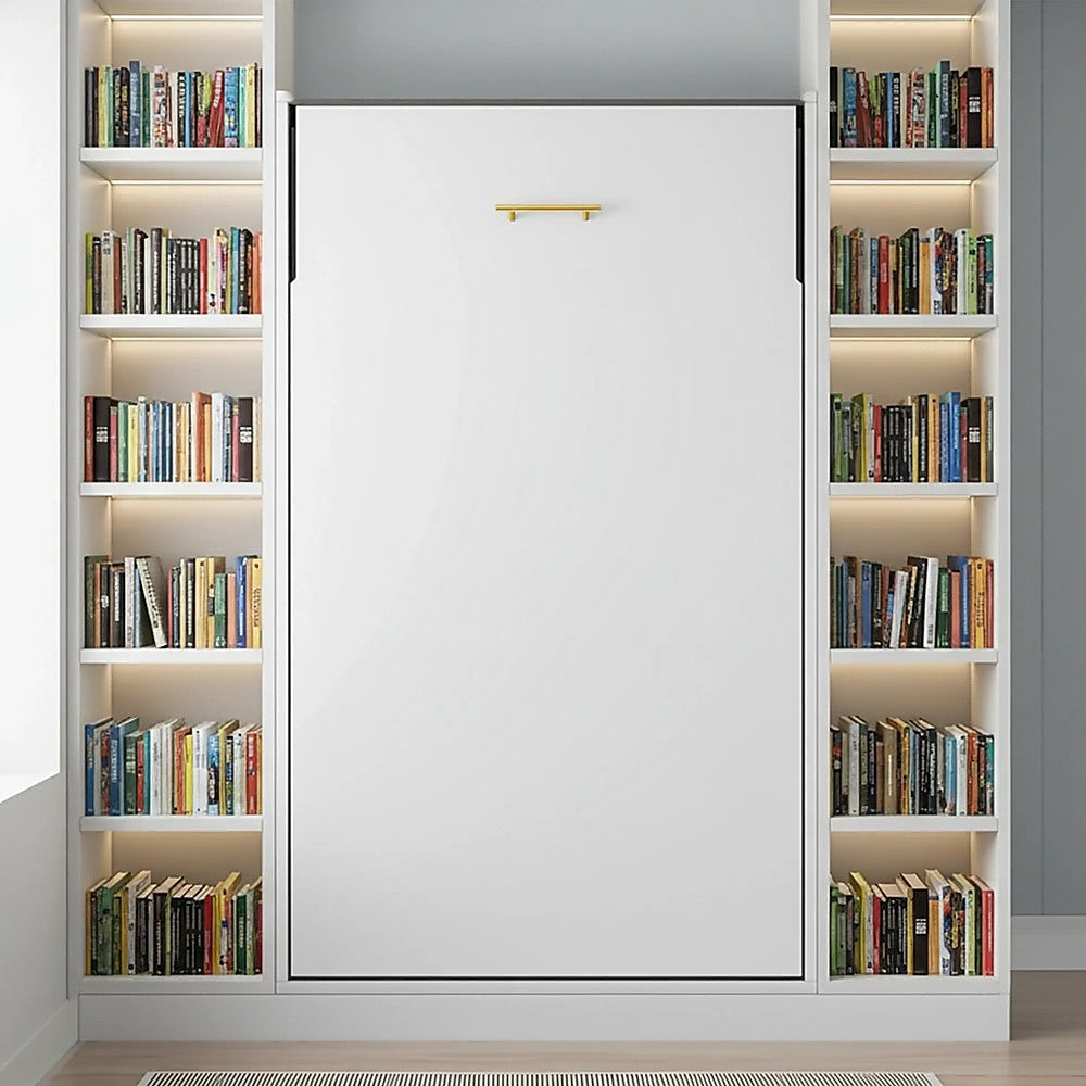 Single Wall Bed in White Gloss – Space Saving Murphy Bed Kit with Gold Door Handle
