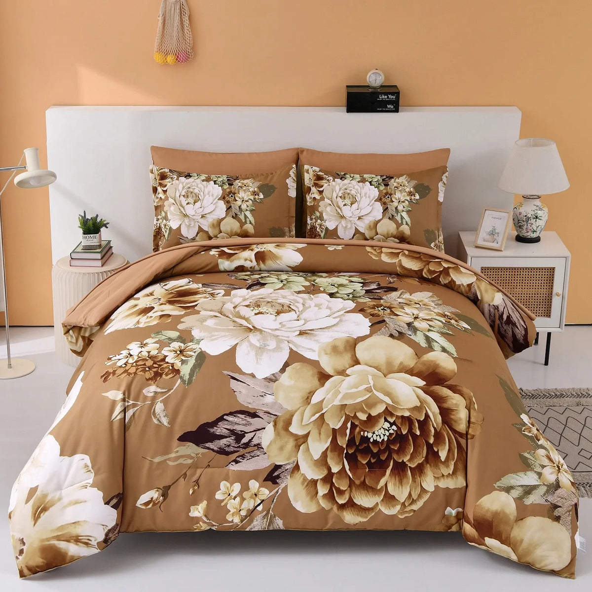 Golden Bloom Majesty Caramel Blossom 3 Piece Comforter Set