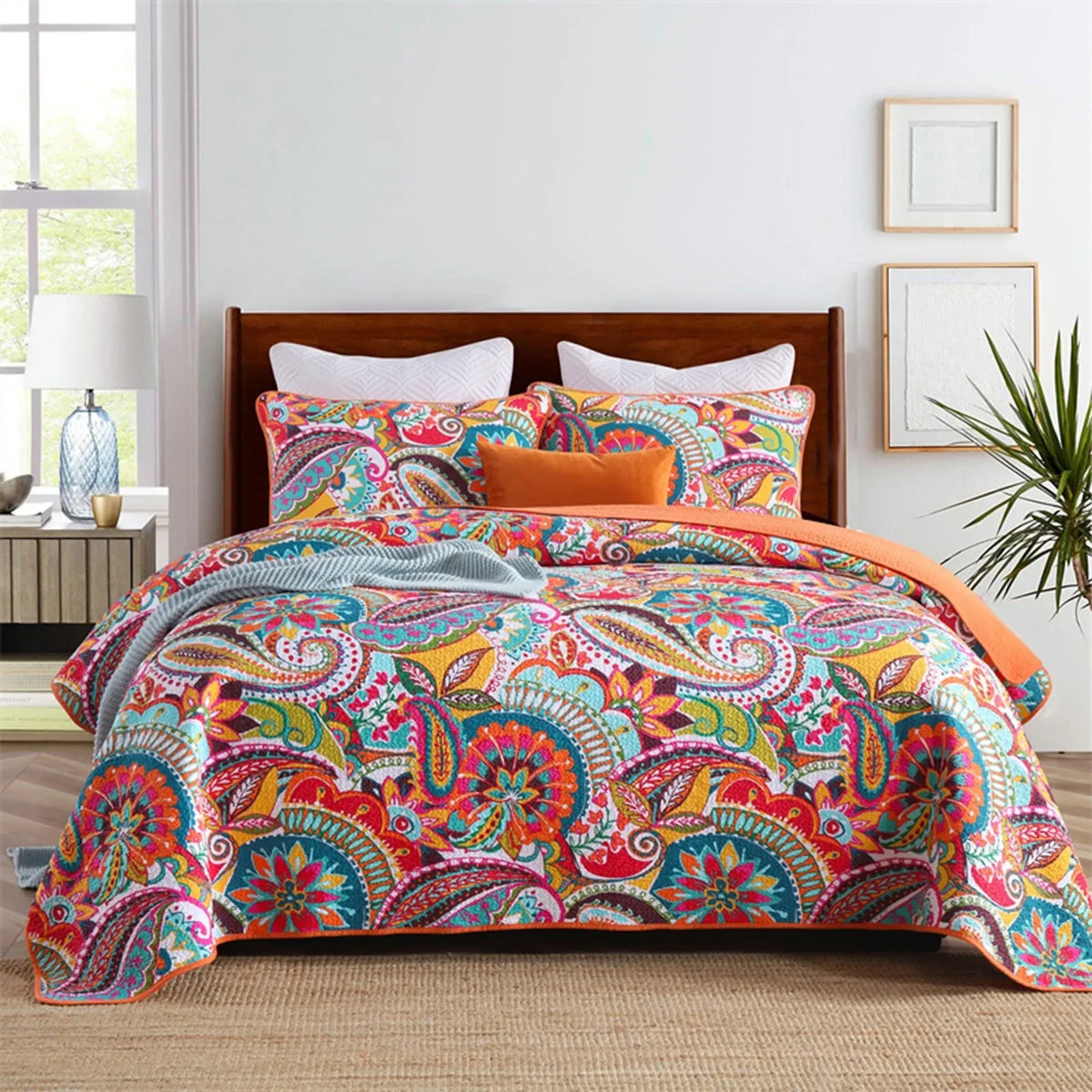 Coral Rainbow Paisley Bedspread Coverlet 3 Piece Set