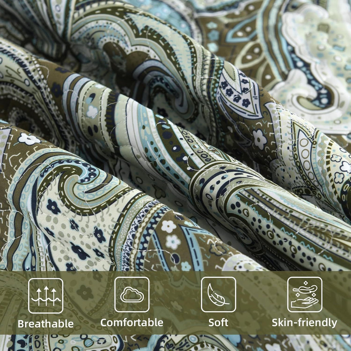 Green Paisley Boho Garden Bedspread Coverlet 3 Piece Set