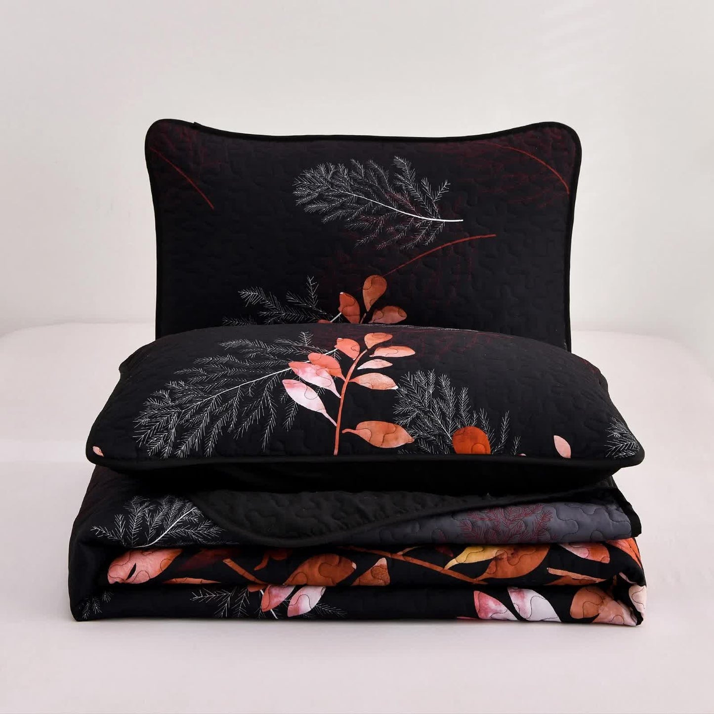 Black and Red Leaves Quilted Bedspread & Pillowcase Set