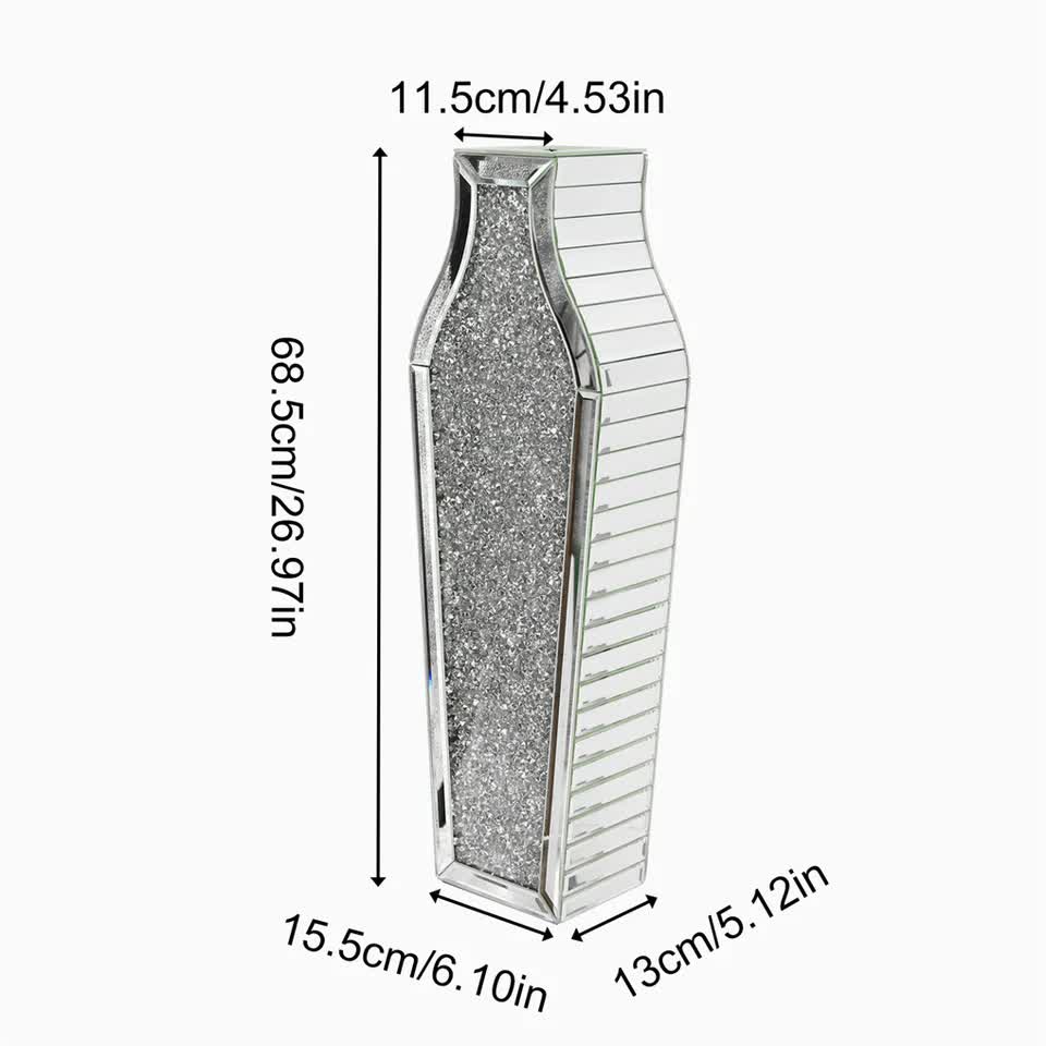 Sparkling Crushed Diamond Mirrored Floor Vase Tall Silver Glass Fake Flower Vase