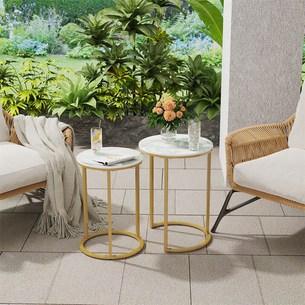 2Pcs Gold Marble Nesting Side End Tables Round Small Stacking Drink Coffee Table