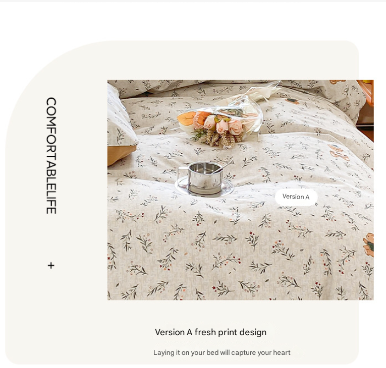 Green Flower Thick Brushed Cotton 4-Piece Bed Sheet Set (1.5m Bed) - Fits 200x230cm Duvet