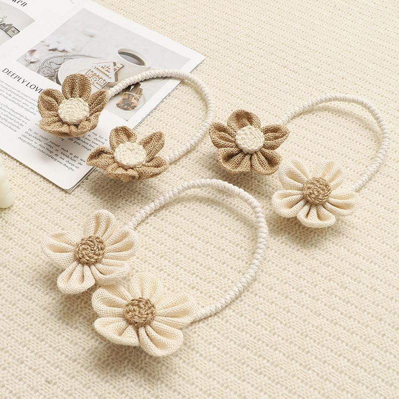 Beige-Brown Rustic Flower Curtain Tiebacks Set of 2, Handcrafted Fabric Daisy Curtain Holdbacks, No Drill Flexible Curtain Rope Buckles, Farmhouse Curtain Accessories for Sheer and Blackout Curtains
