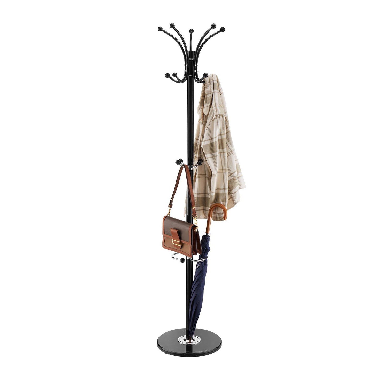 Freestanding Coat Rack, Metal Coats Rack Stand with Umbrella Holder, Stable Marble Base & 14 Hooks, Hall Coat Tree for Entryway, Bedroom, Living Room, Stylish Coats Hanger for Hats, Scarves, Bag