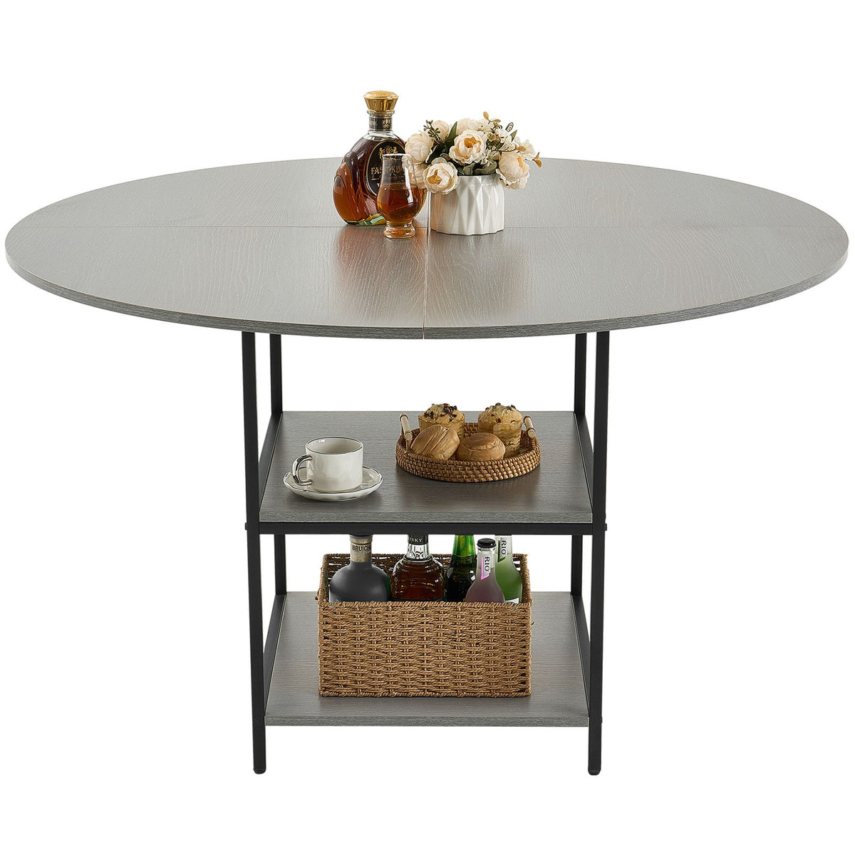 Round Dining Table, 47 inch Wood Table for 4-6 Person, Modern Circle Dinner Furniture, Leisure Tables with Storage Shelf and Metal Legs, for Home Kitchen Living Room, Grey (Only Table)