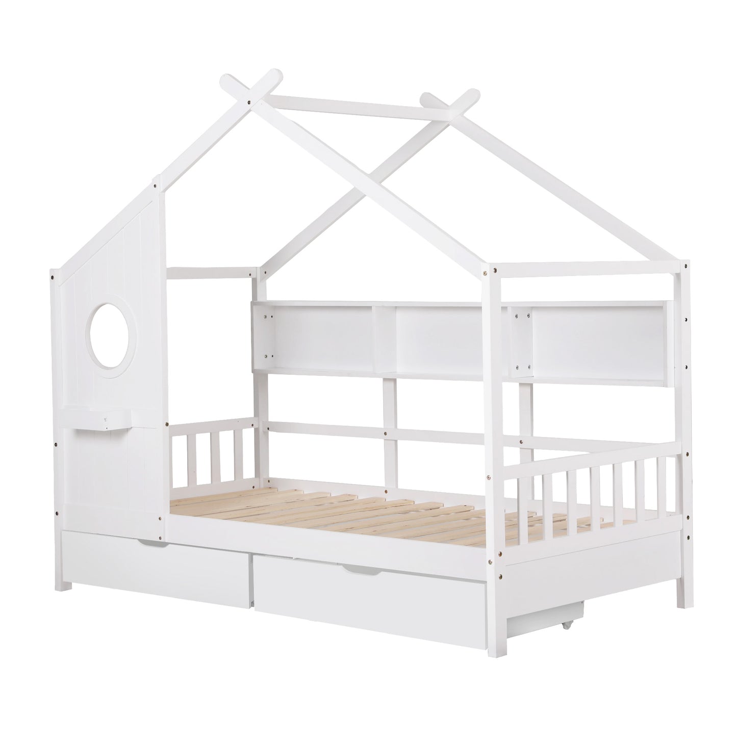 Artiss Kids Single Bed Frame with 3 Storage Bookcase & 2 Drawers House Bed Solid Wood Montessori Bed Easy Assembly White