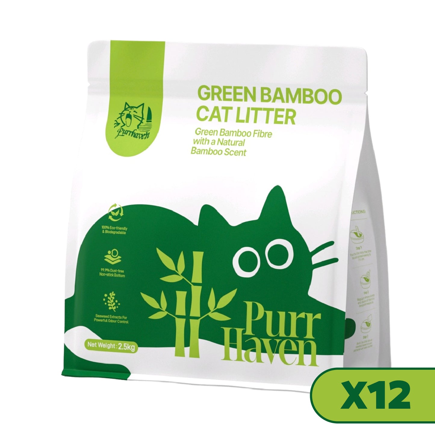 PurrHaven Bamboo Clumping Cat & Kitty Litter, 30kg 12 Pack,Dust Free,Natural Flusable,Easy to Clean,Odour Neutraliser,Rapid Liquid Absorption,Non-Toxic Formula