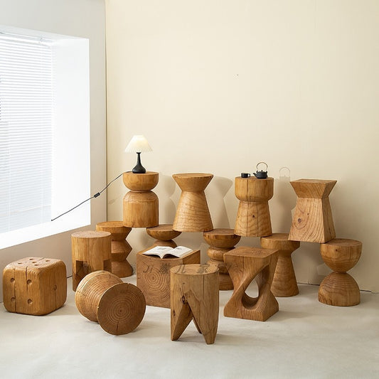 Solid Wood Geometric Stool Side Table