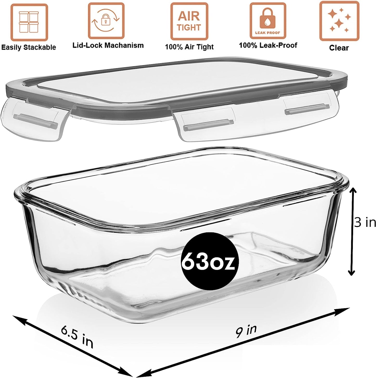 8 Cups/ 63 Oz 4 Piece (2 Containers + 2 Lids) Large Glass Food Storage/Baking Containers with Locking Lids Ideal for Storing Food, Vegetables or Fruits. BPA Free & Leak Proof - Microwave, Oven Safe