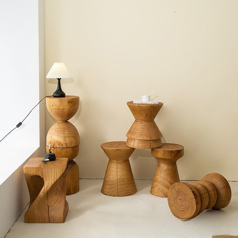 Solid Wood Geometric Stool Side Table