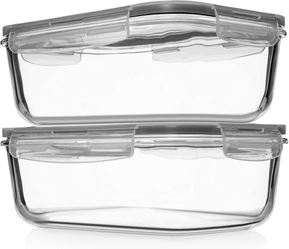 8 Cups/ 63 Oz 4 Piece (2 Containers + 2 Lids) Large Glass Food Storage/Baking Containers with Locking Lids Ideal for Storing Food, Vegetables or Fruits. BPA Free & Leak Proof - Microwave, Oven Safe