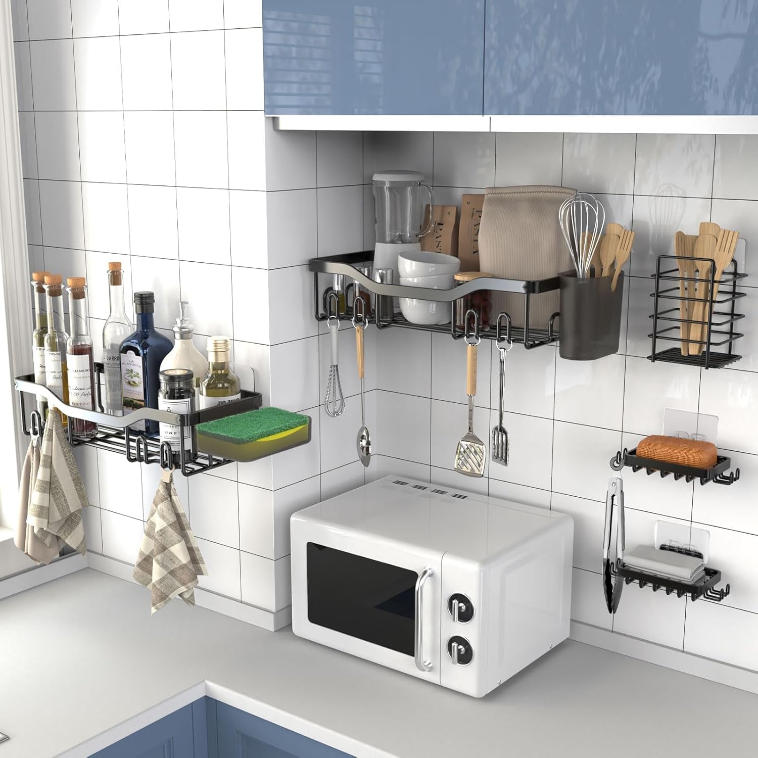 Shower Caddy Adhesive Shower Organizer 7-Pack, Rustproof Stainless Steel Bathroom Shelves, Large Capacity No-Drill Rack Storage Accessories with Soap Dish Toothbrush Holder &24 Hooks Home Decor