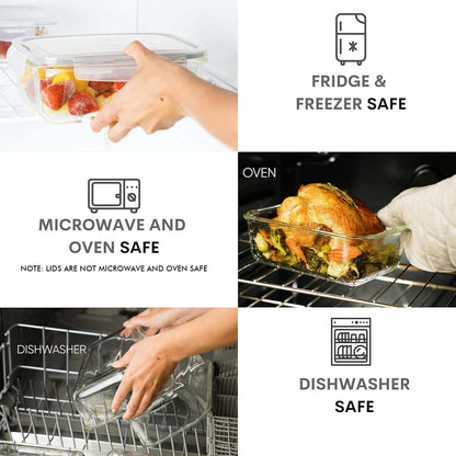 8 Cups/ 63 Oz 4 Piece (2 Containers + 2 Lids) Large Glass Food Storage/Baking Containers with Locking Lids Ideal for Storing Food, Vegetables or Fruits. BPA Free & Leak Proof - Microwave, Oven Safe