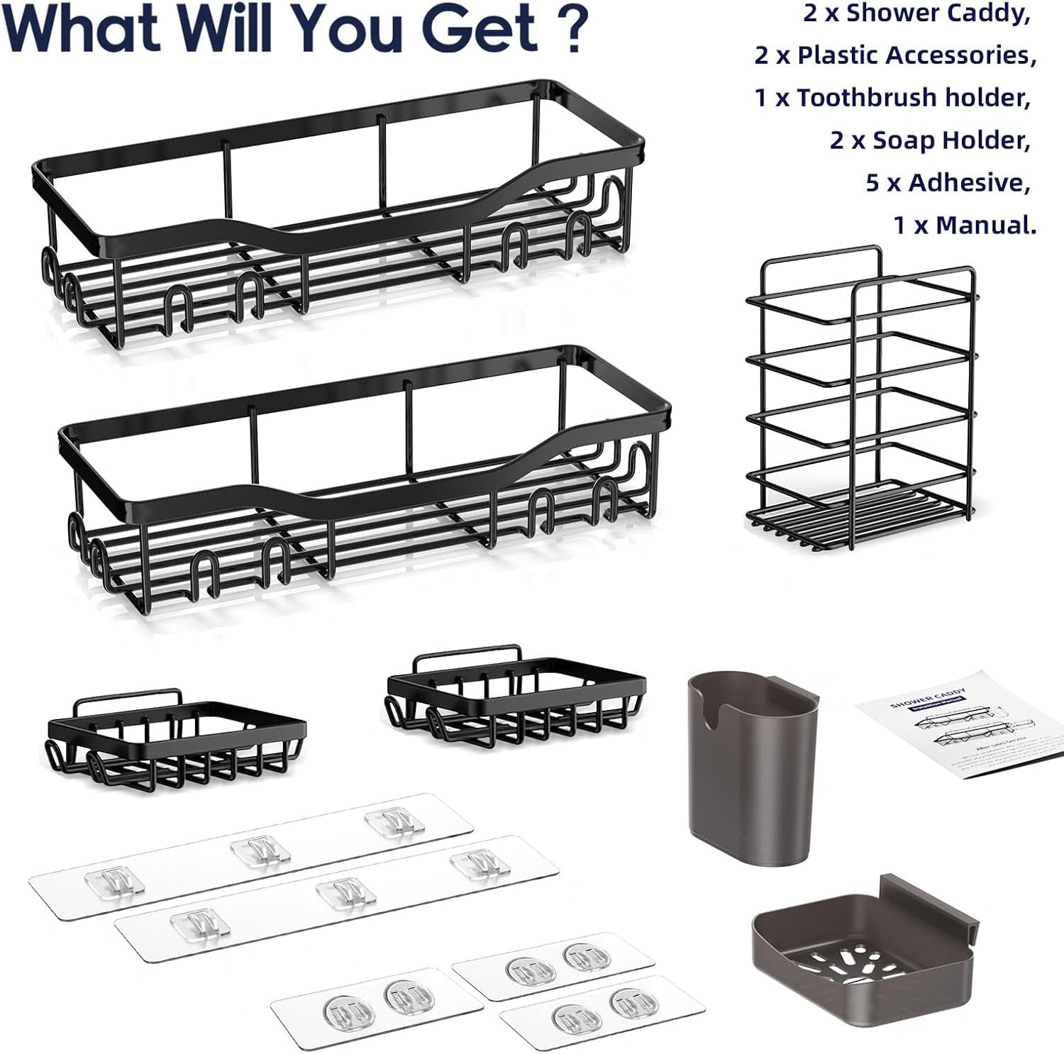 Shower Caddy Adhesive Shower Organizer 7-Pack, Rustproof Stainless Steel Bathroom Shelves, Large Capacity No-Drill Rack Storage Accessories with Soap Dish Toothbrush Holder &24 Hooks Home Decor